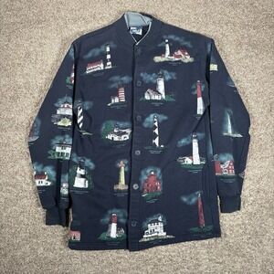 Art Unlimited Sportswear Sweater Adult M Blue Lighthouse Button Up USA Made